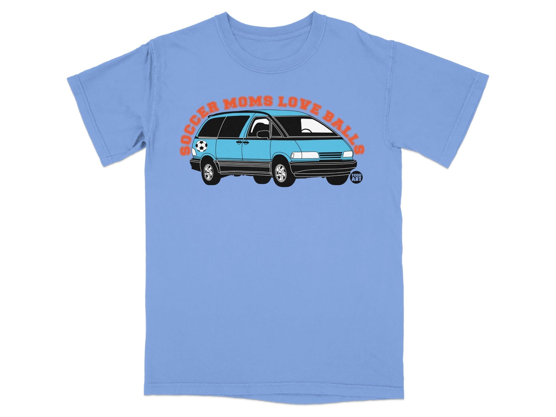 Blue t-shirt with graphic of a blue minivan and text "SOCCER MOMS LOVE BALLS".