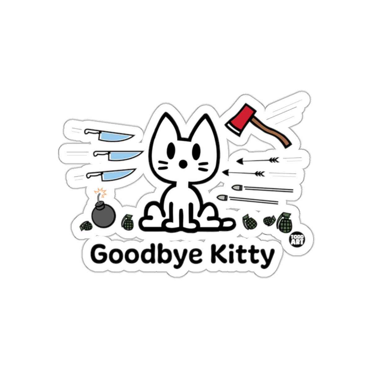 Goodbye Kitty Sticker with Knives Axes Bombs Arrows