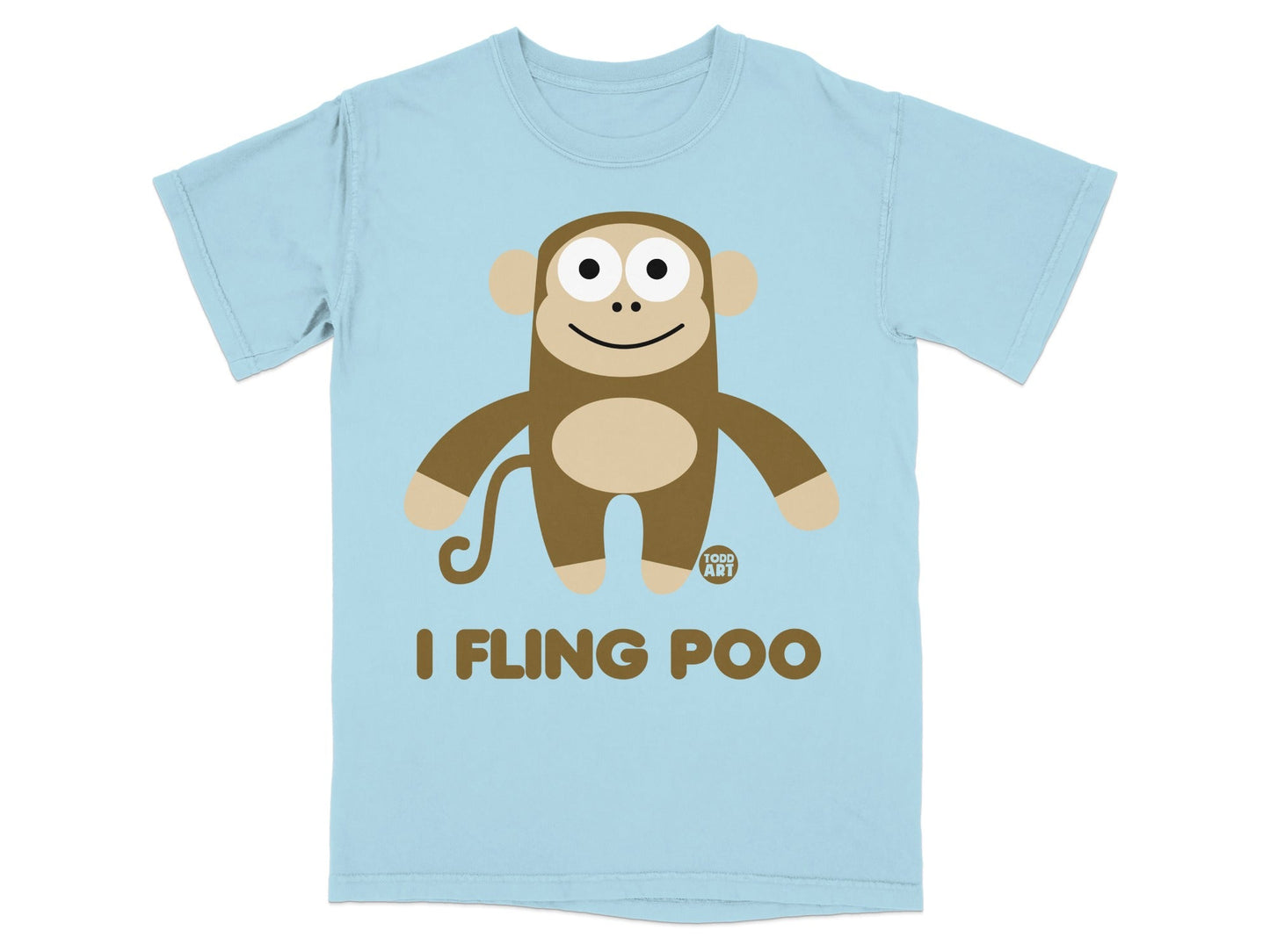 Light blue t-shirt with cartoon monkey and "I FLING POO" text.