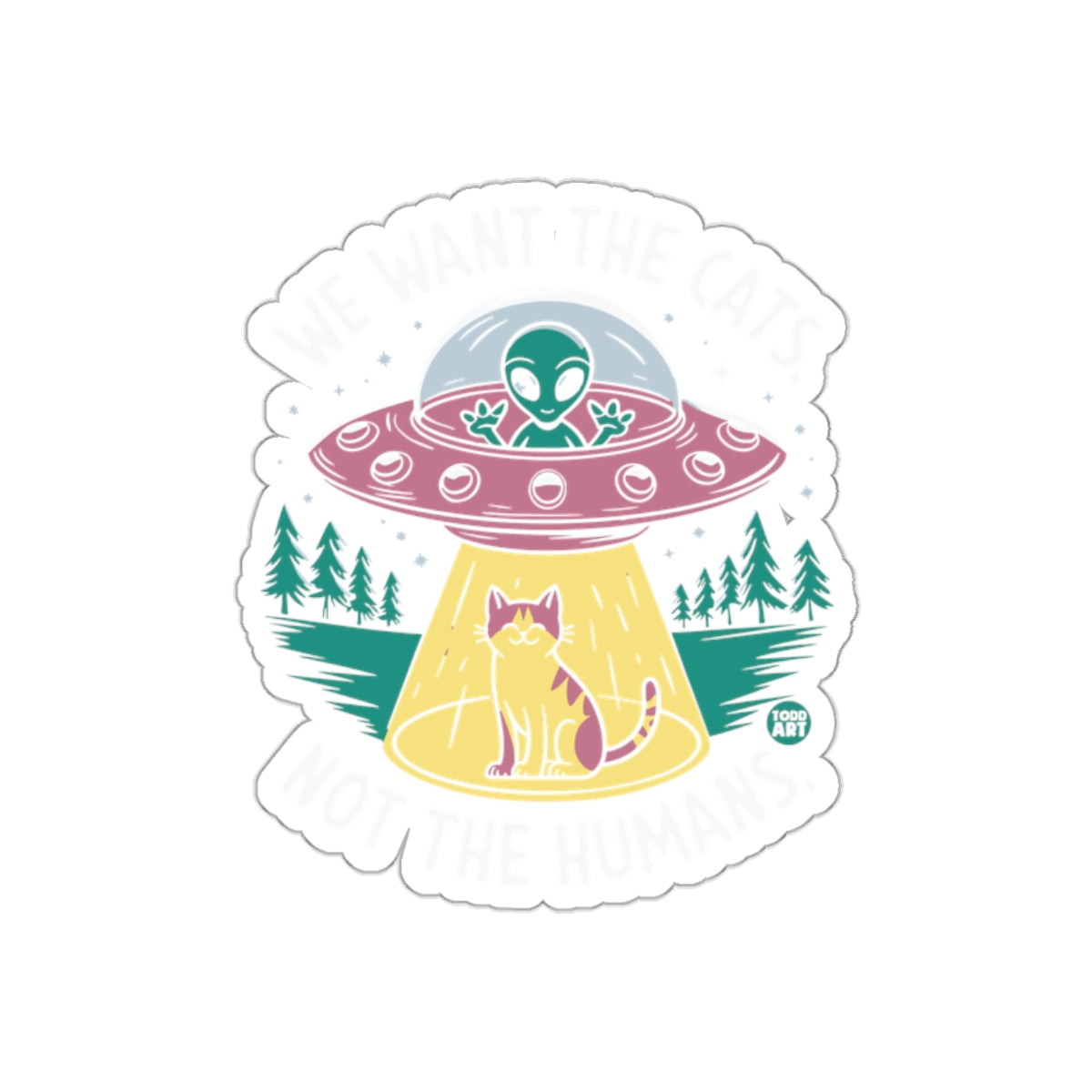 Alien Abduction of Cat Humorous Sticker Design