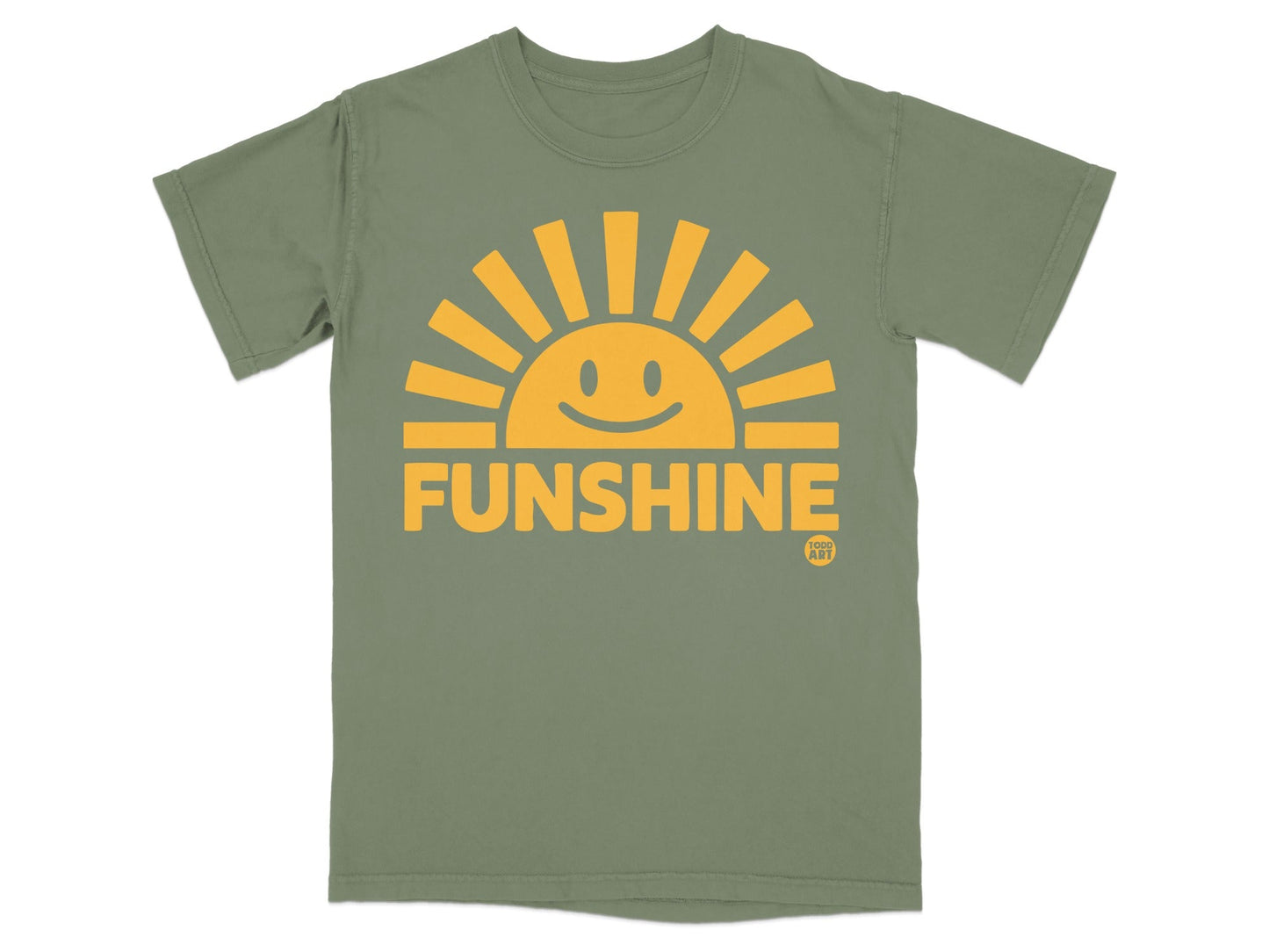 Olive green t-shirt with yellow "FUNSHINE" text and smiley sun graphic.