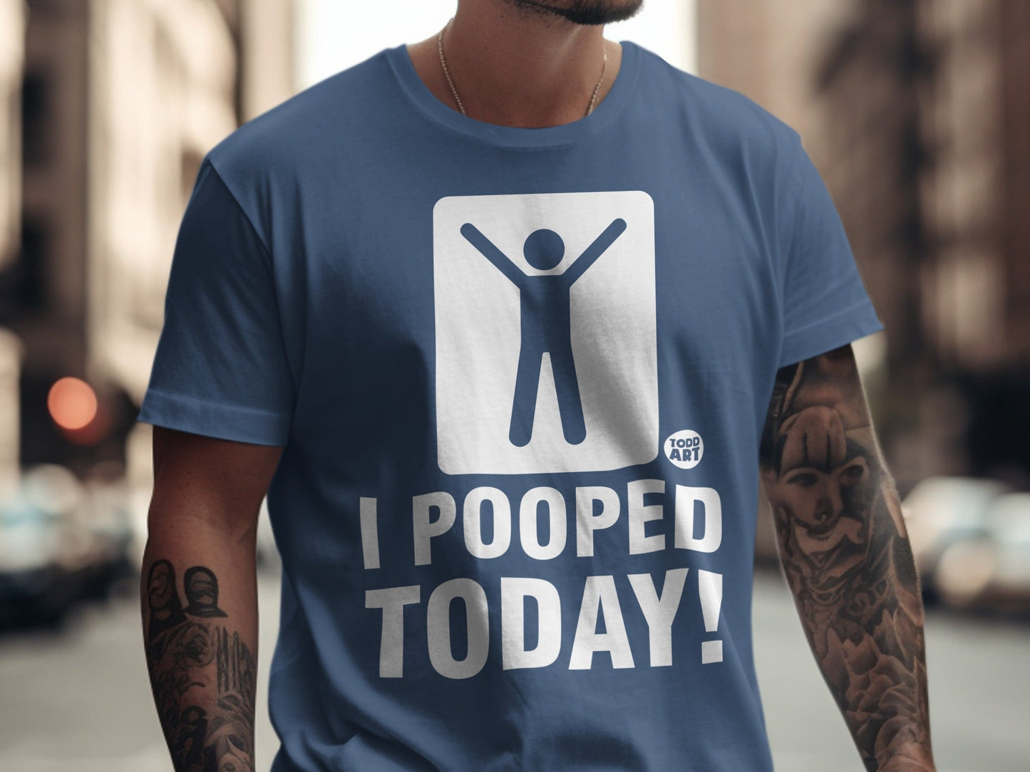 Blue t-shirt with a white graphic and "I POOPED TODAY!" text.