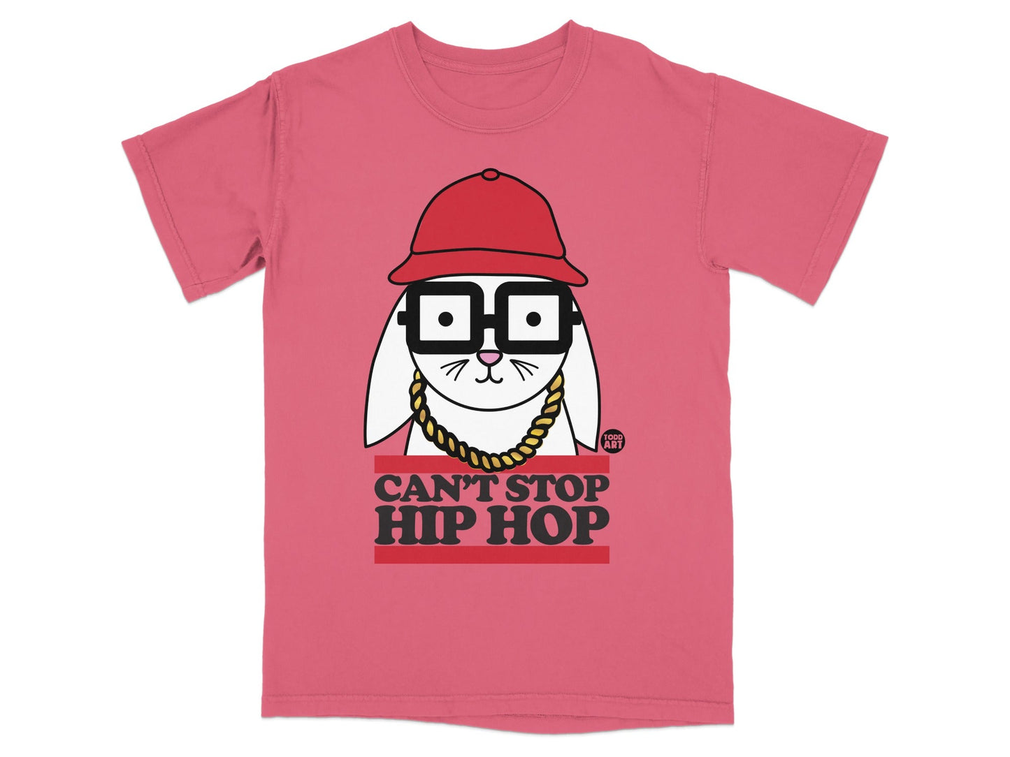 T-shirt with a cartoon rabbit wearing a hat, glasses, and gold chain.