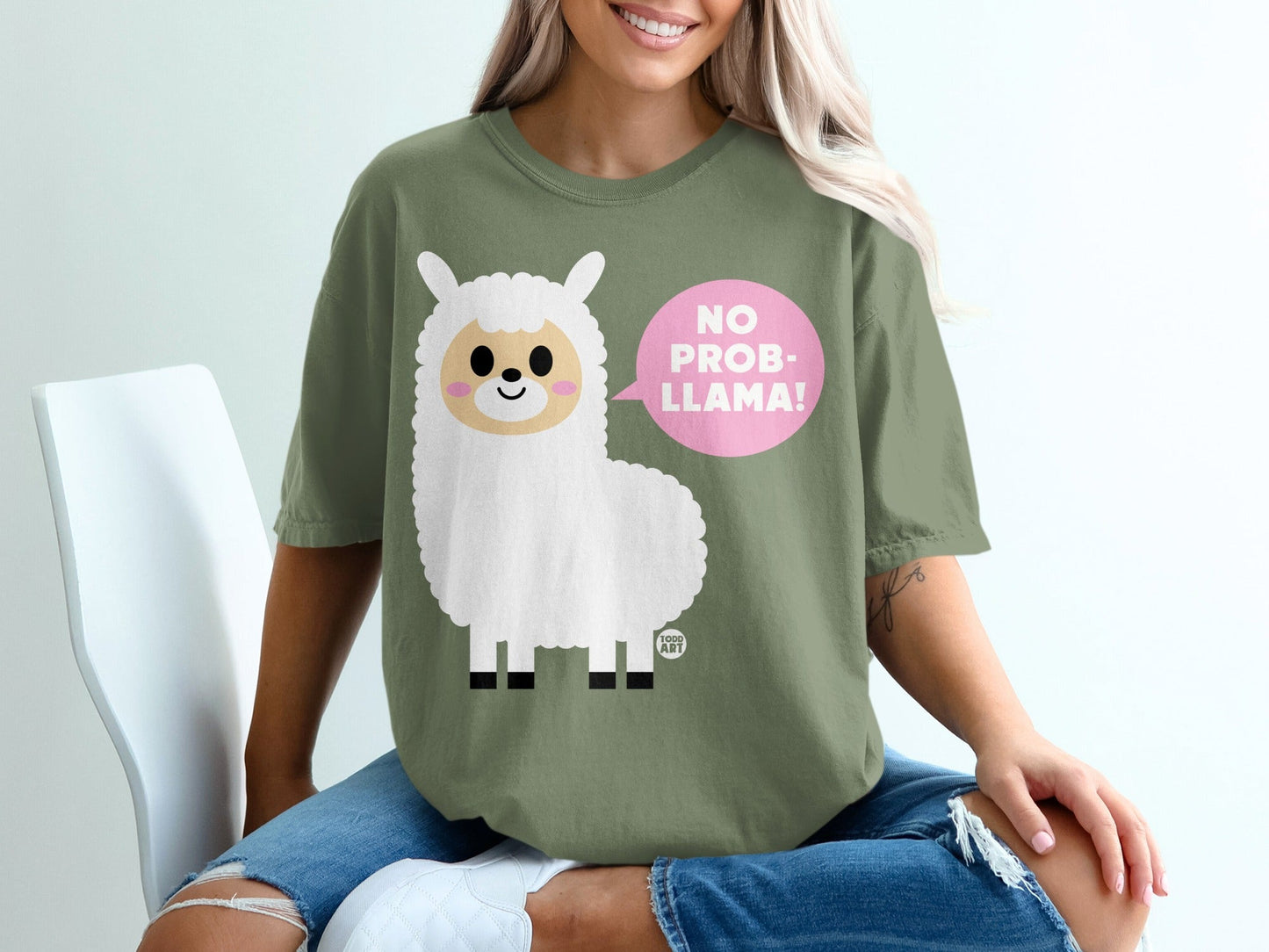 No Prob-llama Cute Llama Graphic Green T-shirt