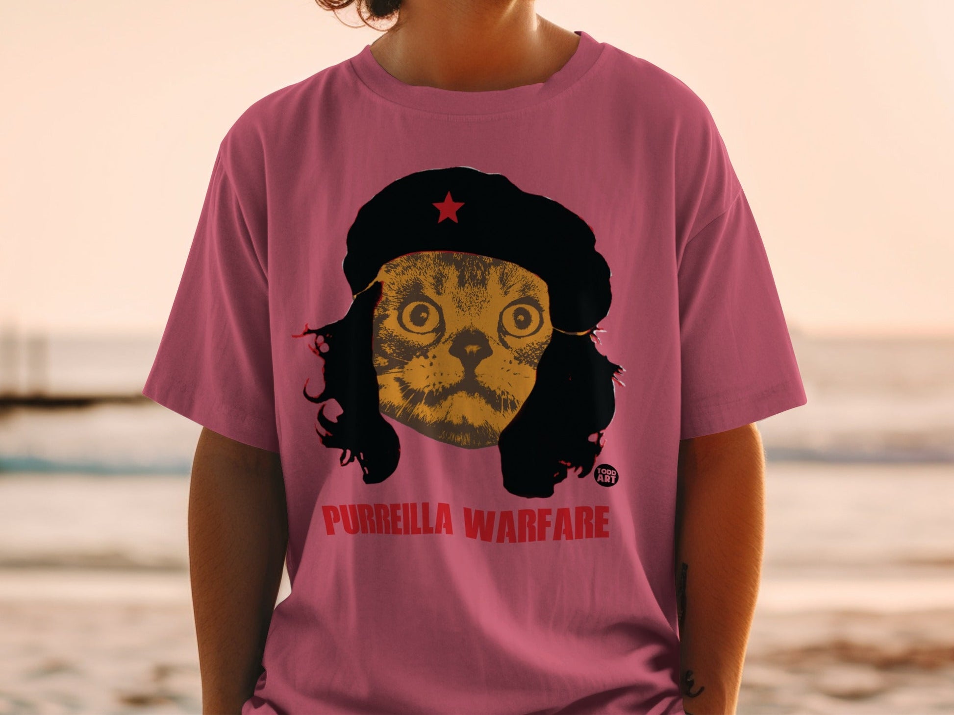 Purriella Warfare Cat Design Pink Graphic T-Shirt