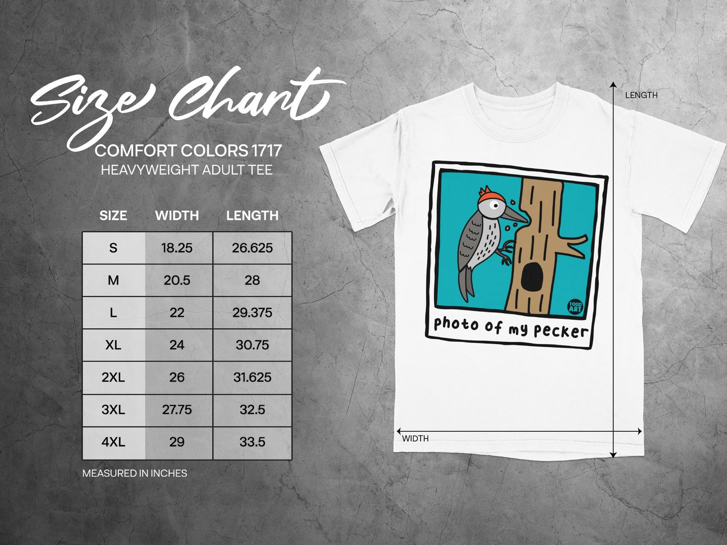 Size chart for Comfort Colors 1717 heavyweight adult tee.