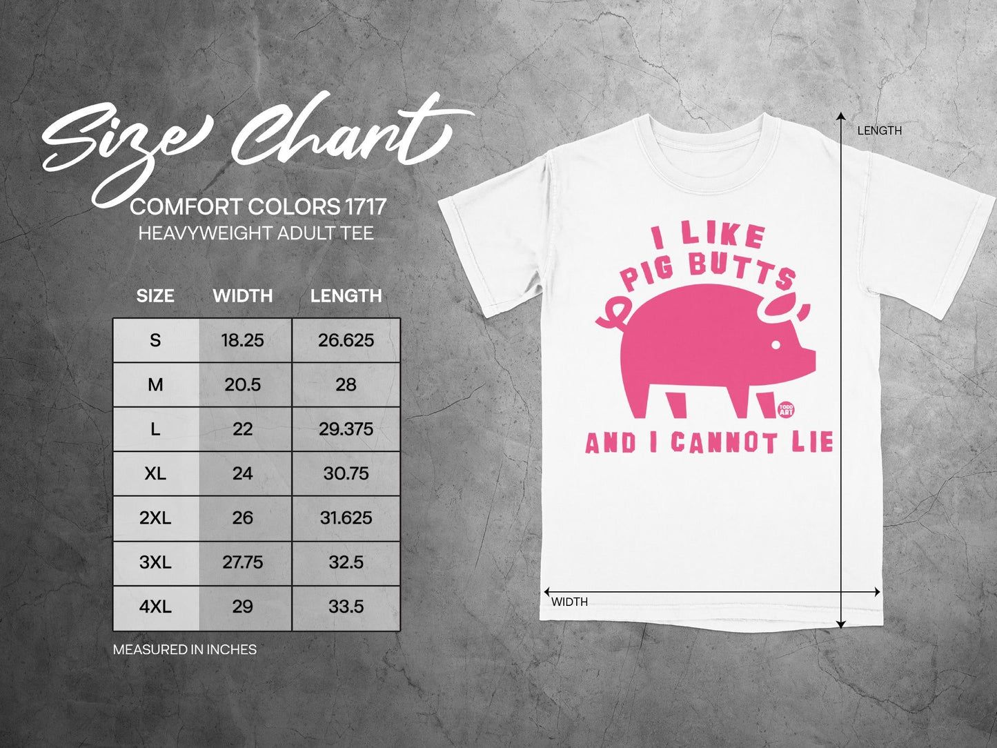 Size chart for Comfort Colors 1717 heavyweight adult tee with t-shirt graphic.