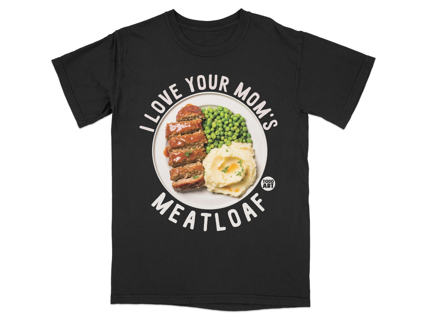 Black t-shirt featuring a graphic of meatloaf with mashed potatoes and peas.
