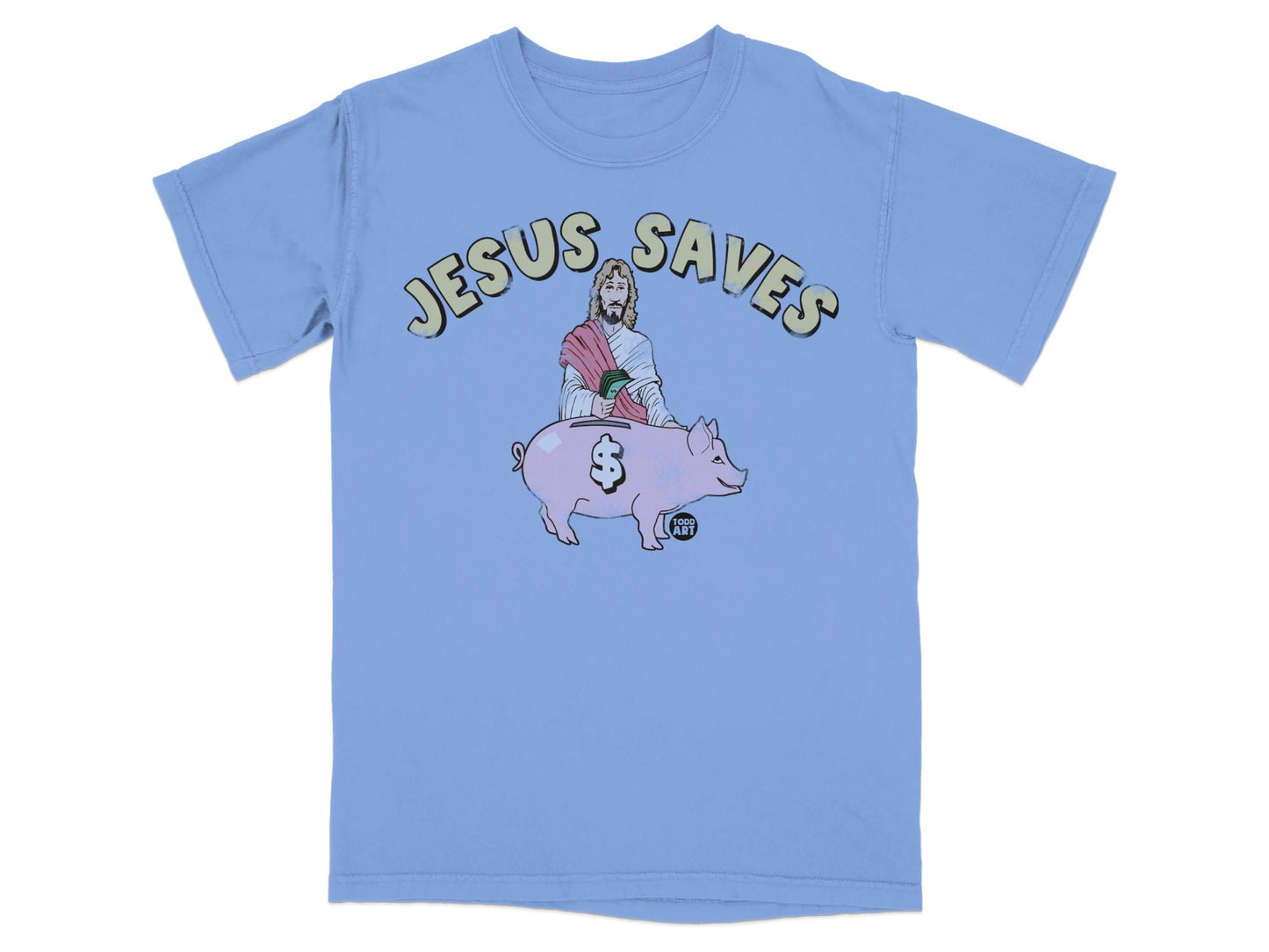 Light blue t-shirt with "Jesus Saves" text and illustration of Jesus with a piggy bank.