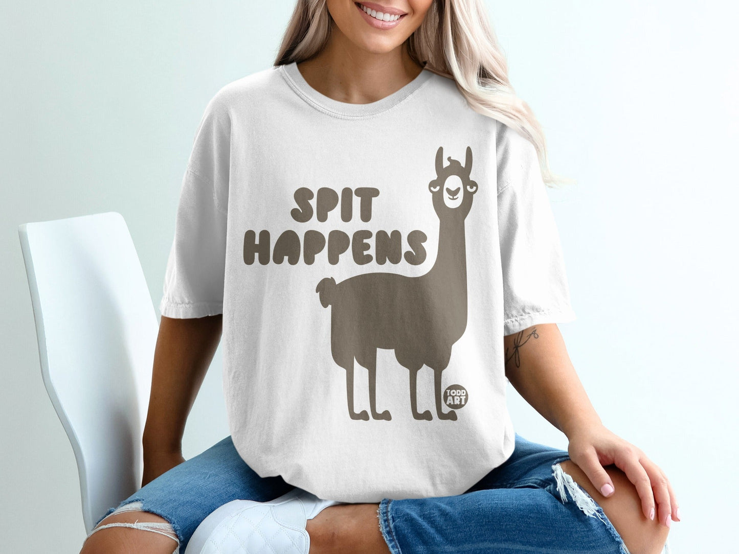 Spit Happens Funny Llama Graphic Unisex T-shirt