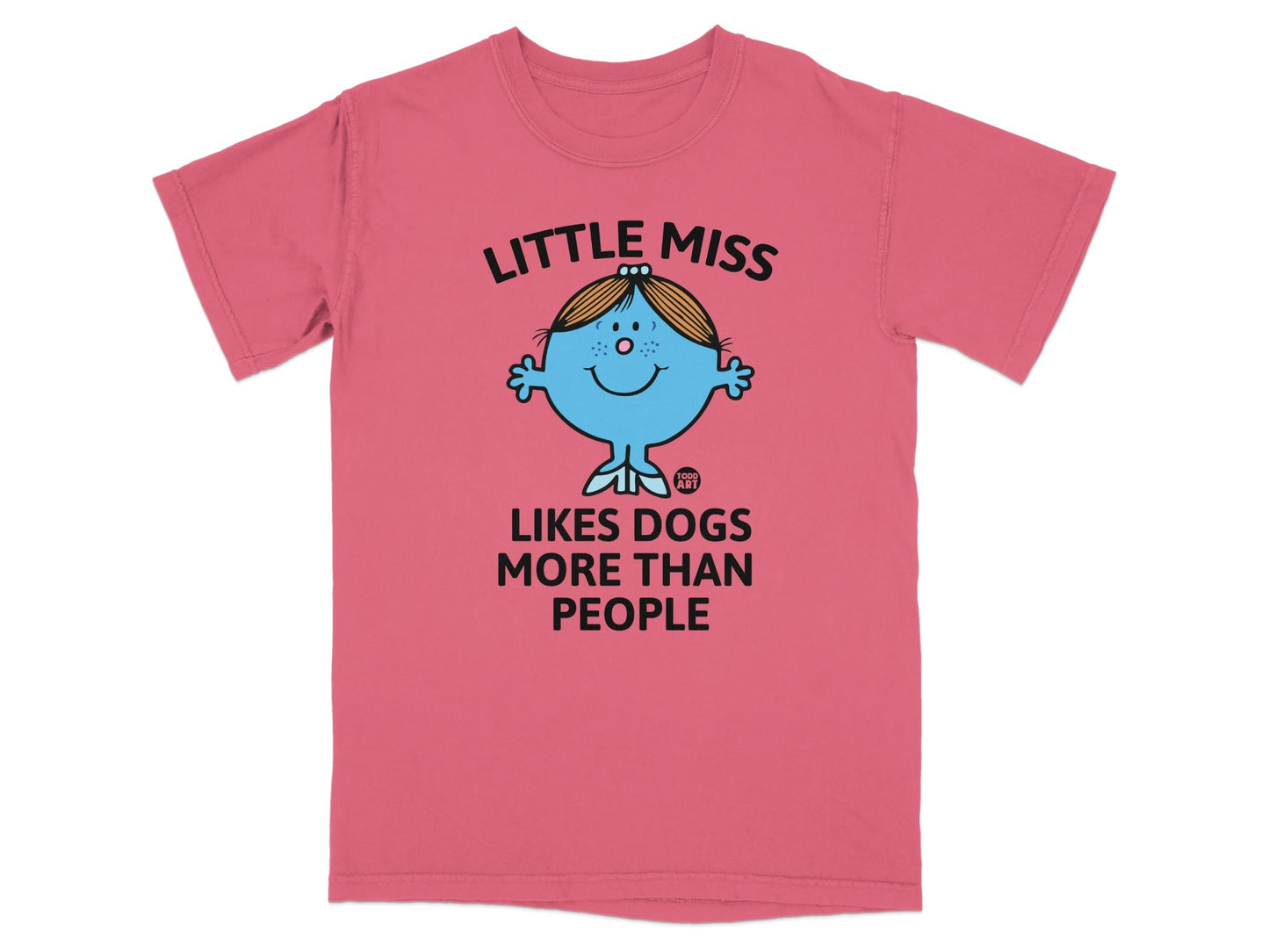 Little Miss character in pink shirt with text "LITTLE MISS LIKES DOGS MORE THAN PEOPLE".