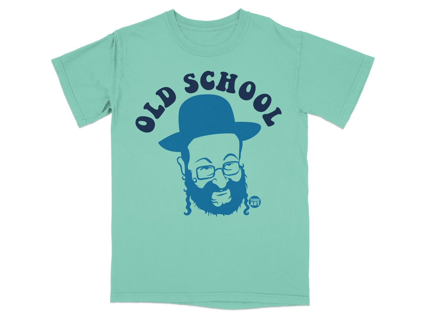 Teal t-shirt with "OLD SCHOOL" text and cartoon of a bearded man in a hat.