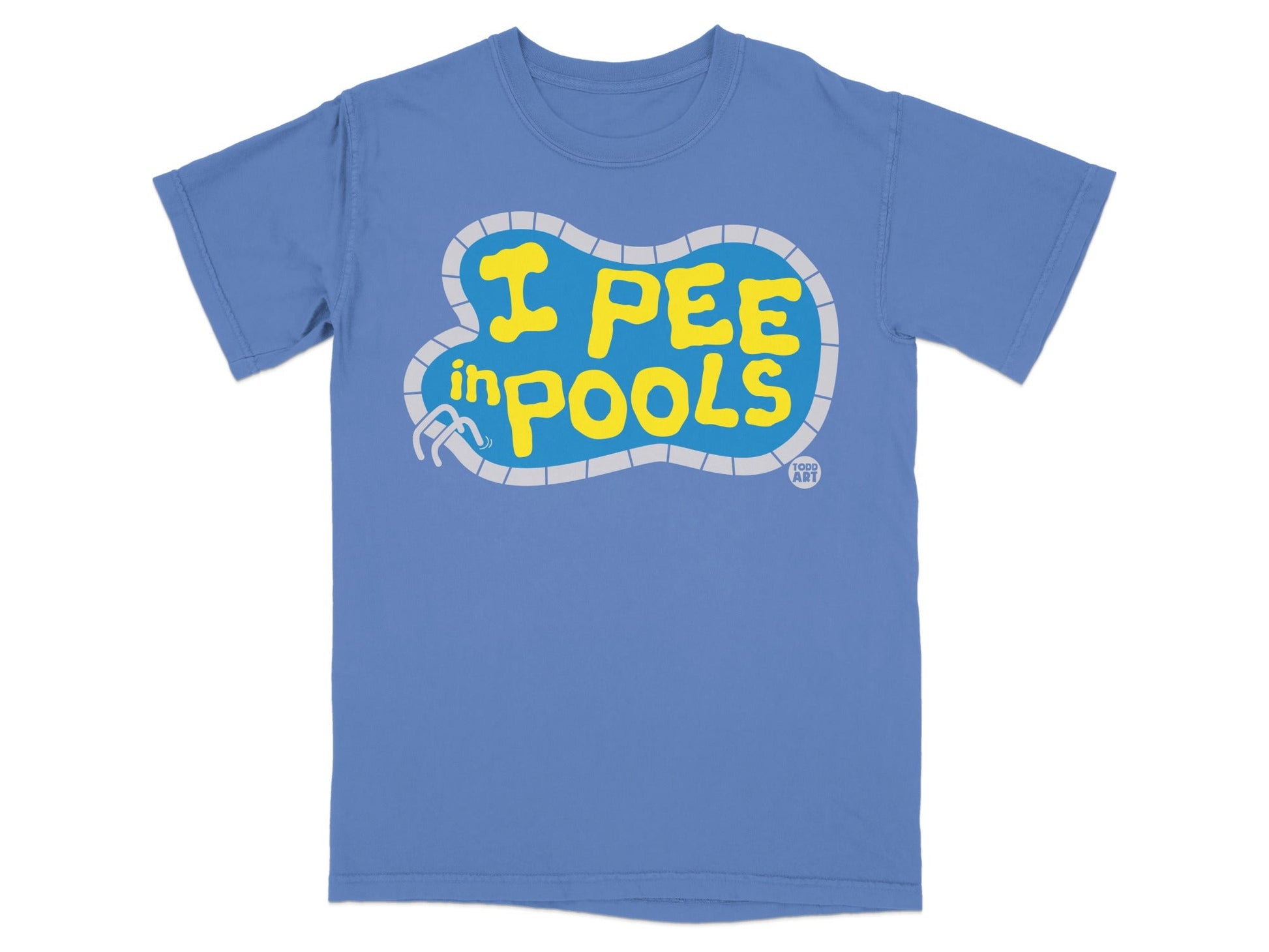 Blue t-shirt with yellow text "I PEE in POOLS" and a cartoon pool.
