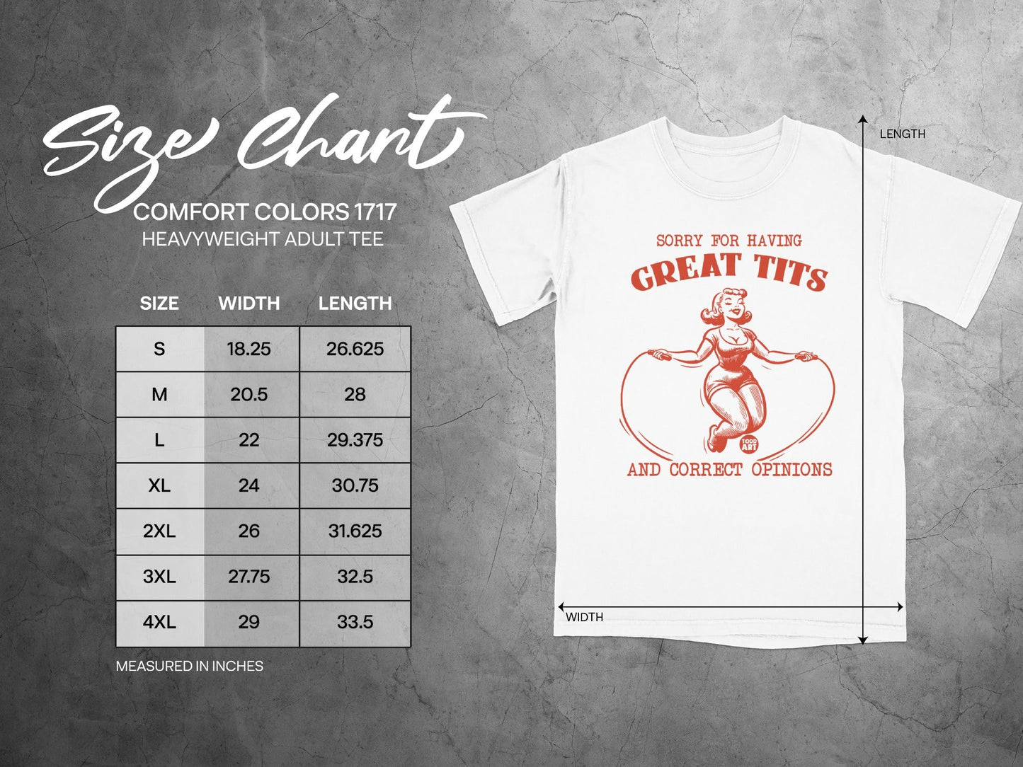 Size chart for Comfort Colors heavyweight adult tee with vintage graphic.