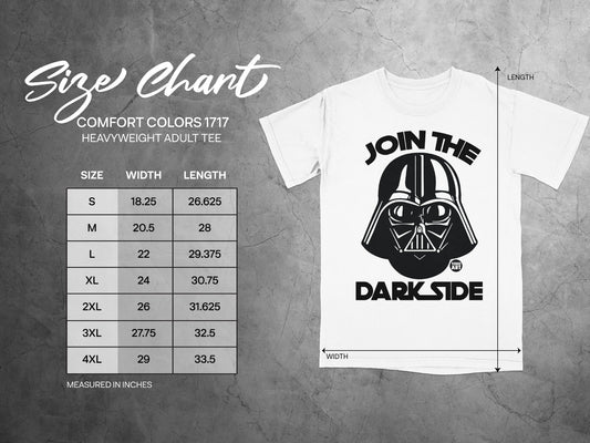 Comfort Colors 1717 adult tee size chart with Darth Vader graphic.