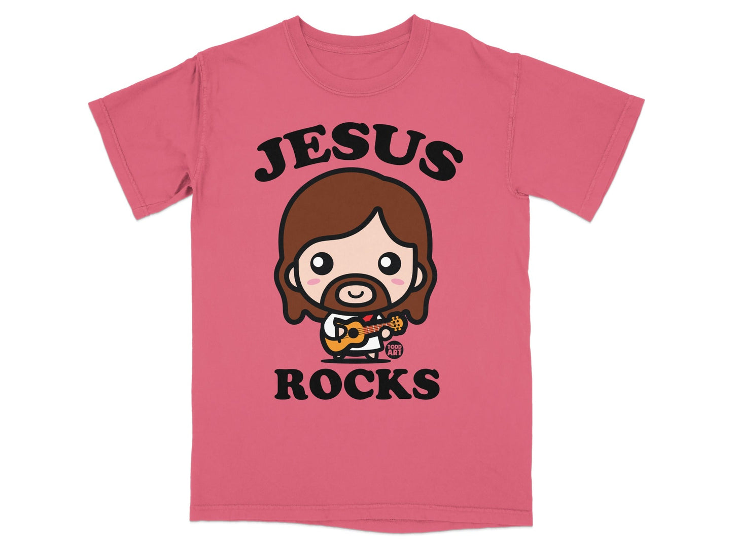 Pink t-shirt with cartoon Jesus playing a guitar, text "Jesus Rocks".