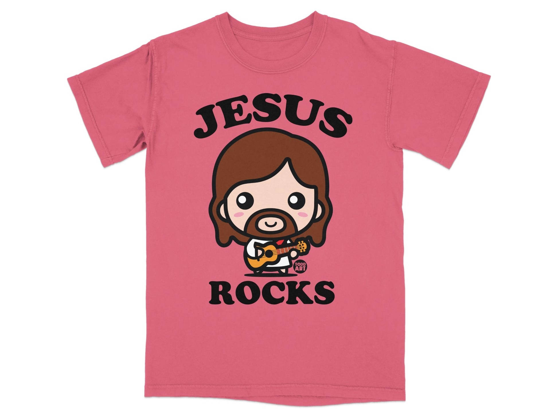 Pink t-shirt with cartoon Jesus playing a guitar, text "Jesus Rocks".
