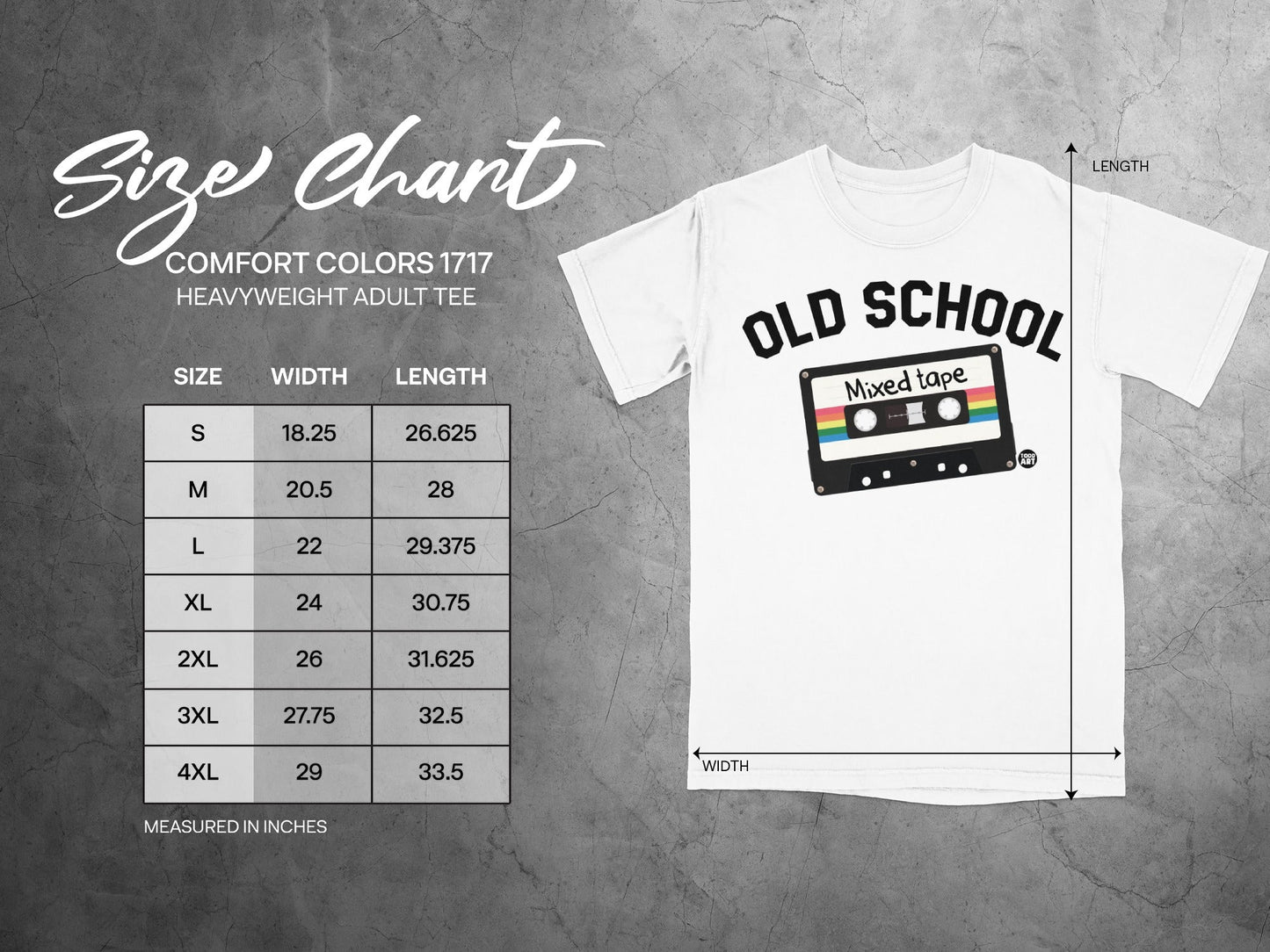 Comfort Colors 1717 size chart with tape graphic.