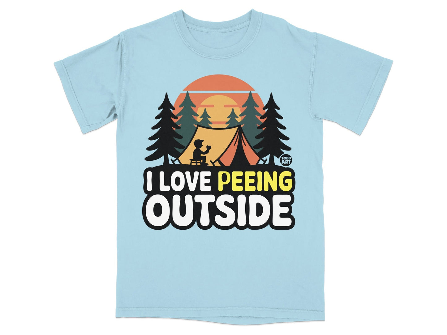 Light blue t-shirt with "I LOVE PEEING OUTSIDE" text and camping graphic.