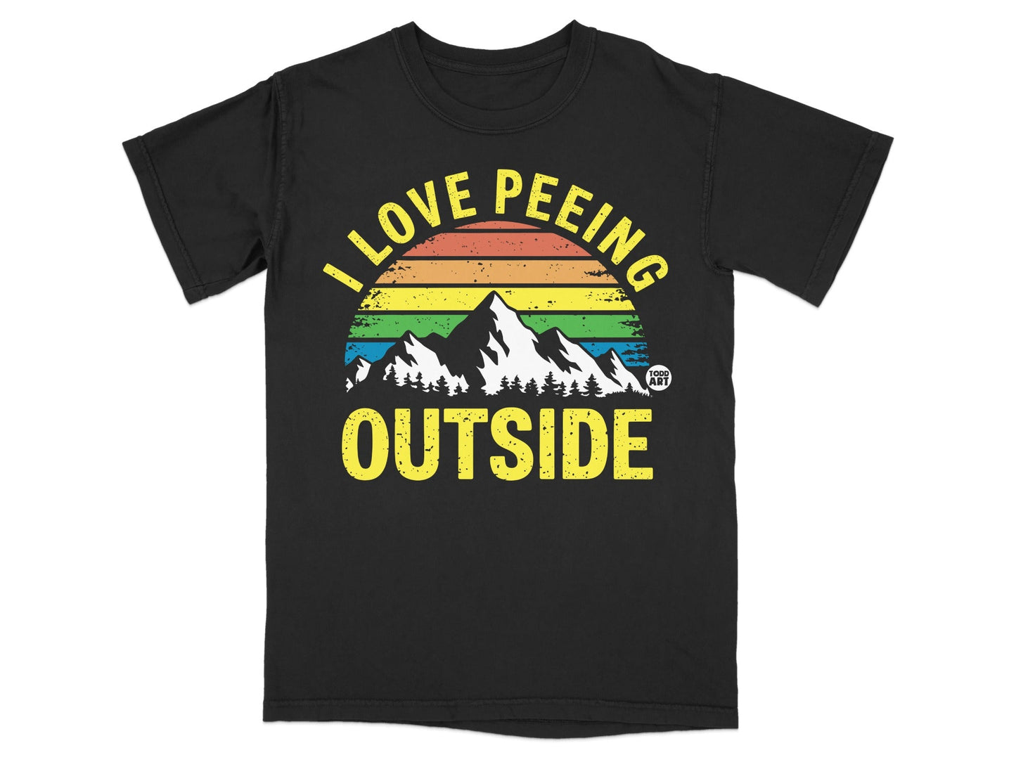 Black t-shirt with "I LOVE PE**ING OUTSIDE" text and mountain graphic.