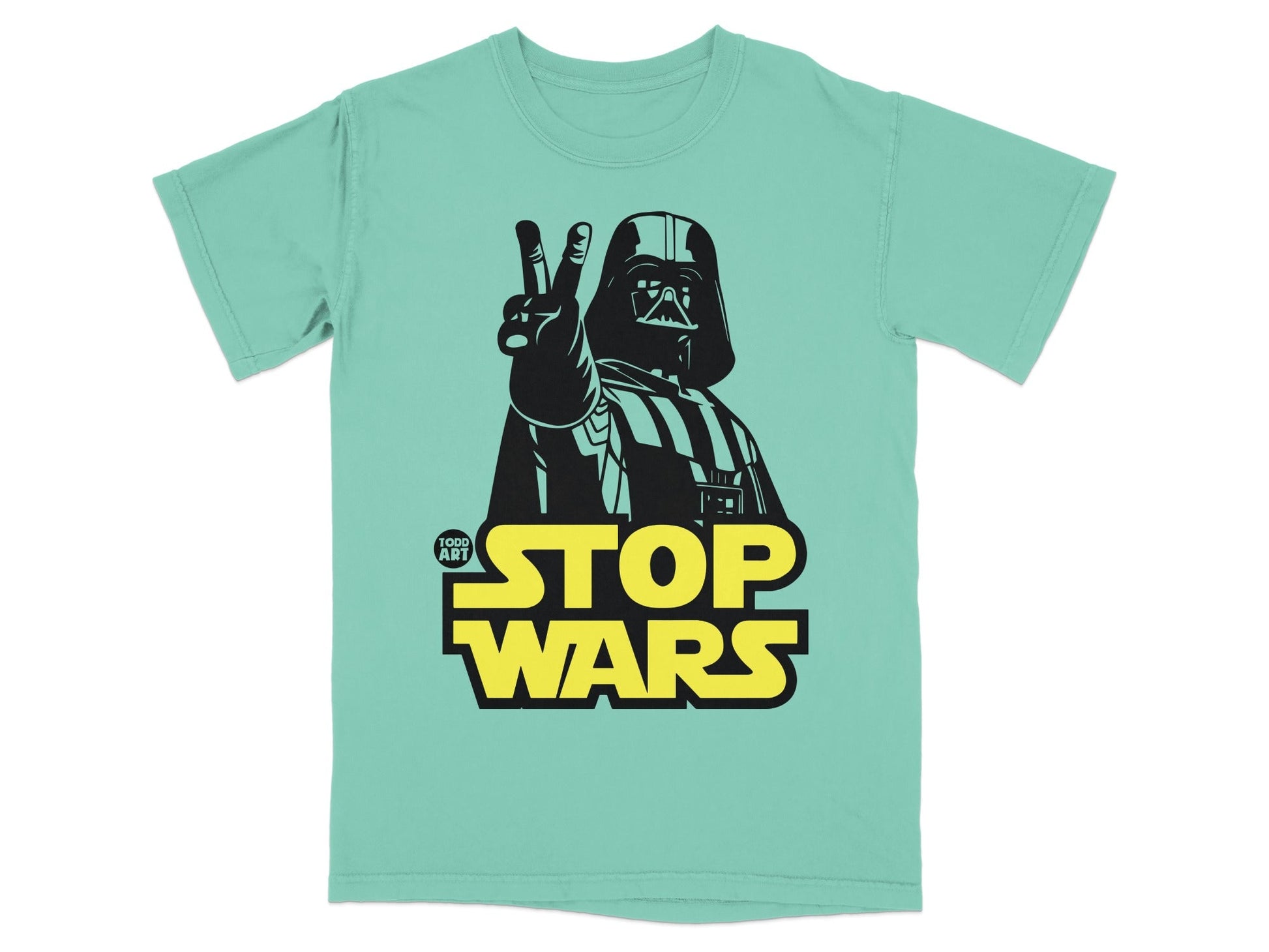 Darth Vader gives peace sign on teal t-shirt with "Stop Wars" text.