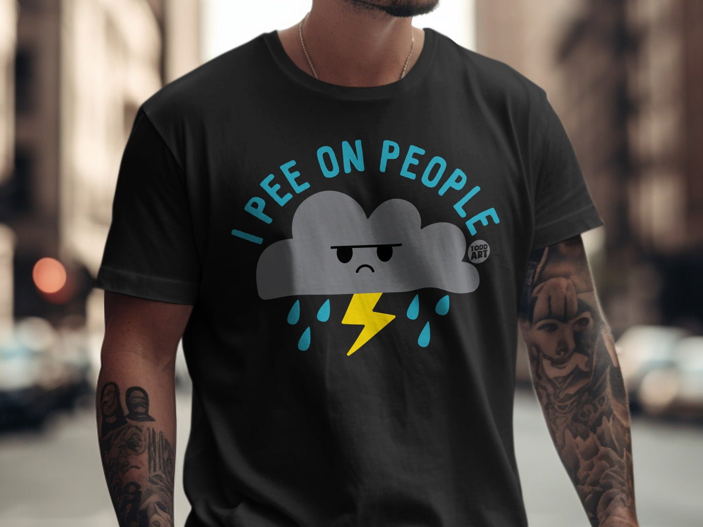 Black t-shirt with angry cloud graphic and yellow lightning bolt.
