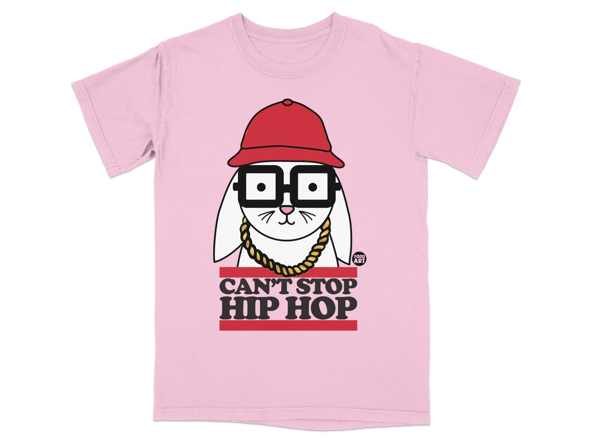 Pink t-shirt with a cartoon rabbit wearing a hat, glasses, and necklace.