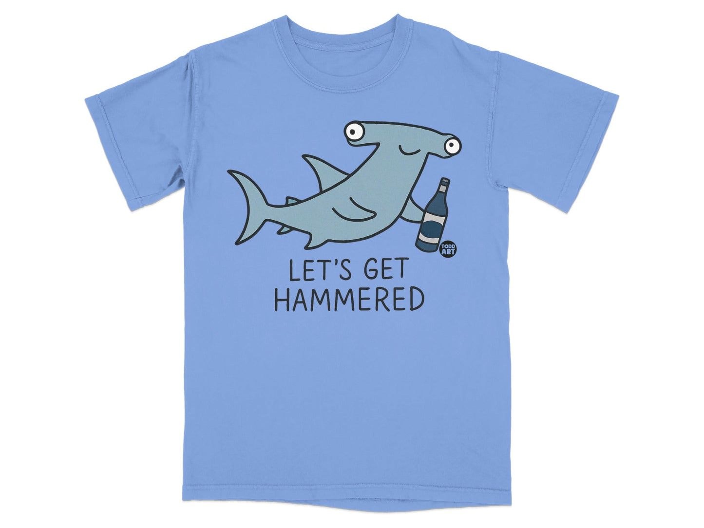 Blue t-shirt with a cartoon hammerhead shark holding a bottle and the text "LET'S GET HAMMERED".