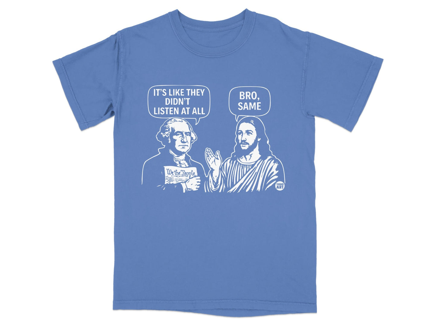 George Washington and Jesus discuss "We the People" on a blue t-shirt.