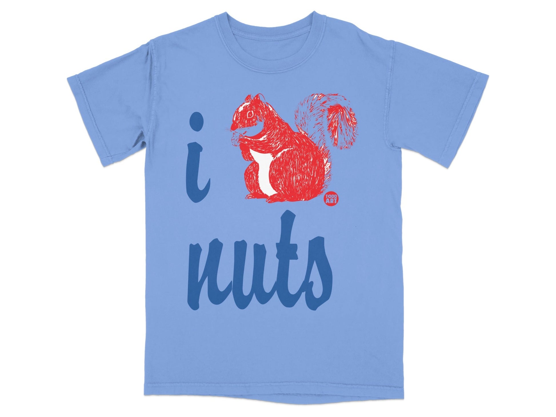 Light blue t-shirt with red squirrel and "i nuts" text.
