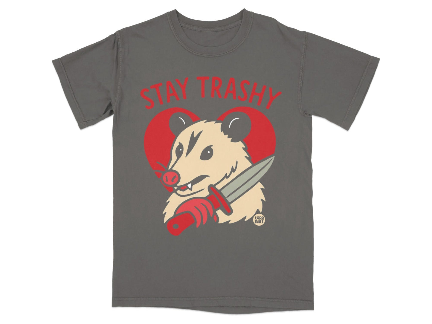 Gray t-shirt with red heart and possum holding a knife.
