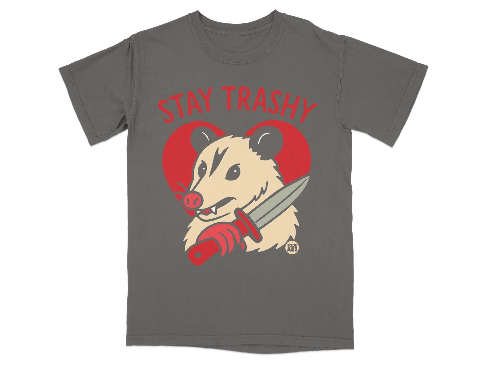 Gray t-shirt with red heart and possum holding a knife.