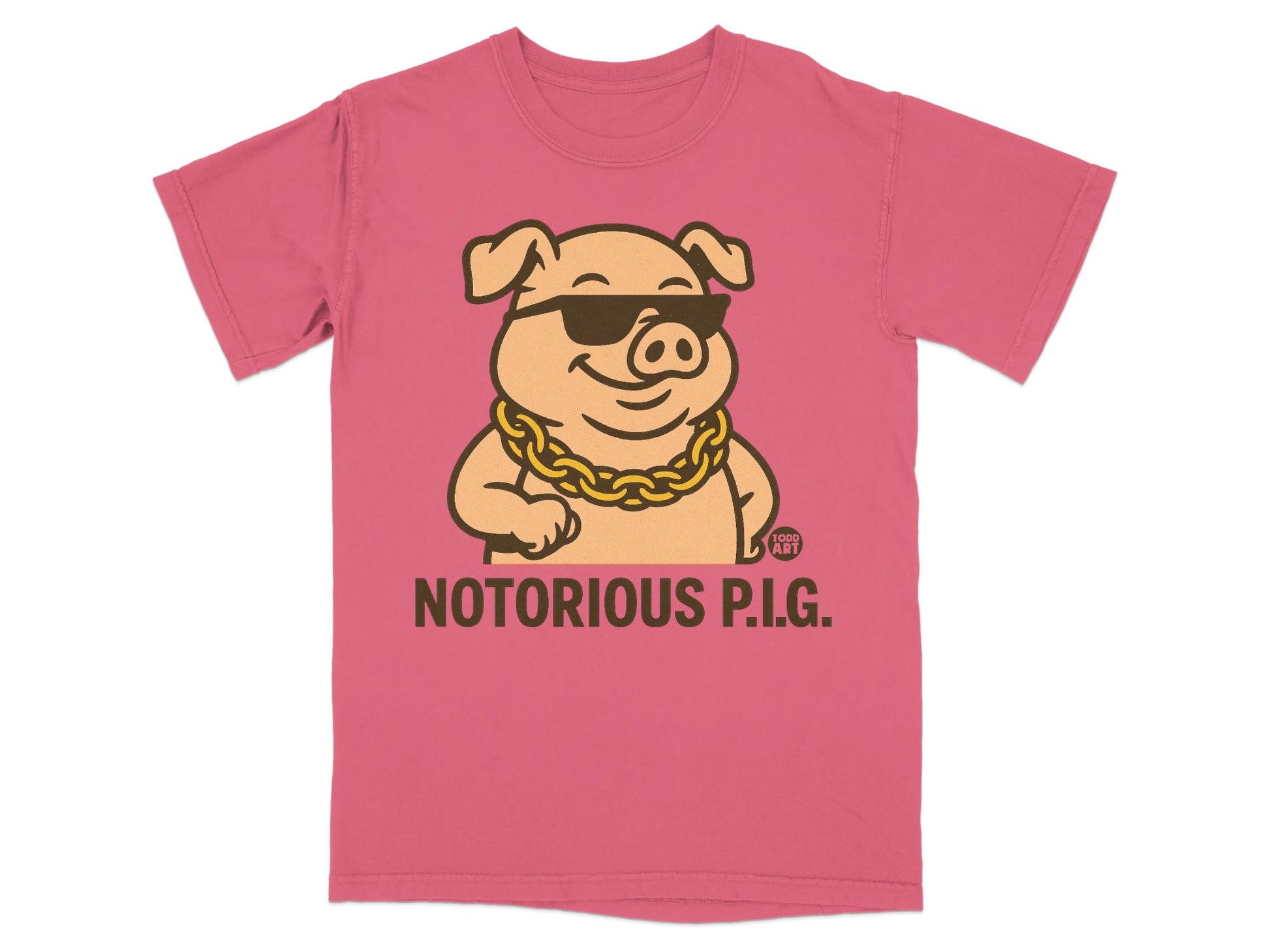 Pink t-shirt with a cartoon pig wearing sunglasses and a gold chain, saying NOTORIOUS P.I.G.