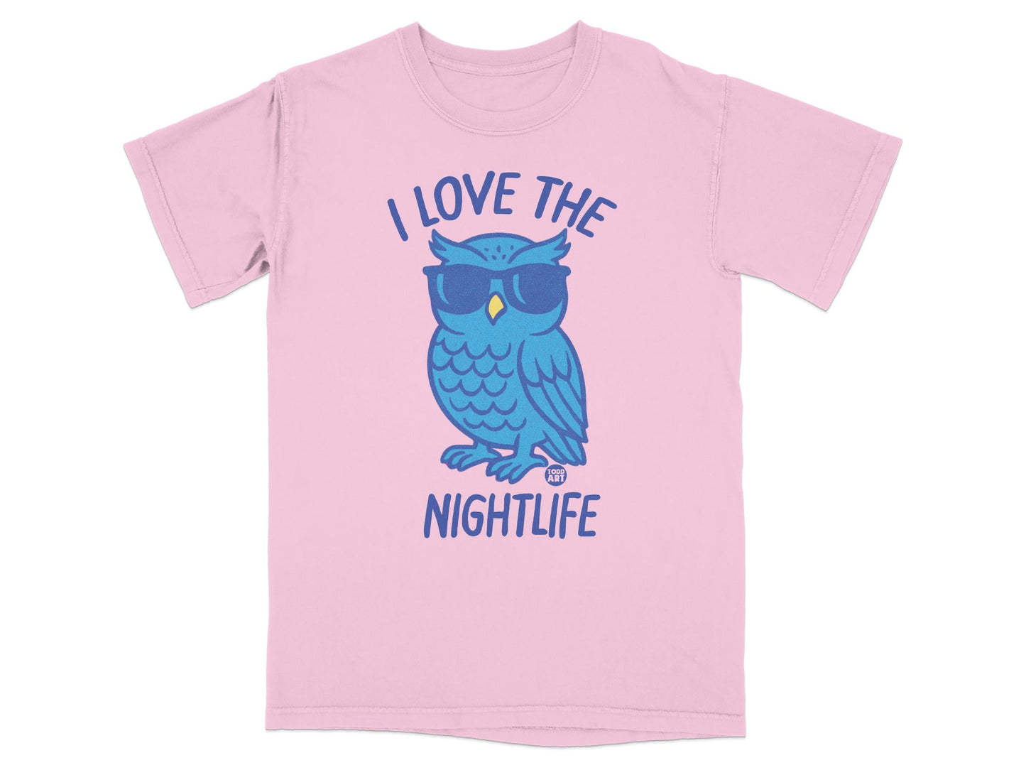 Pink t-shirt with a blue owl wearing sunglasses and text "I LOVE THE NIGHTLIFE".