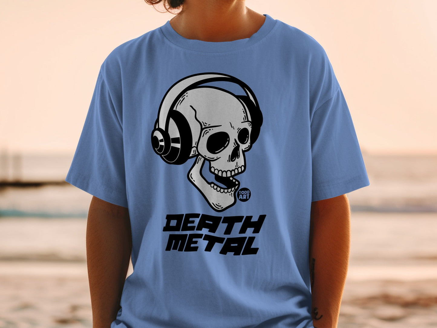 T-shirt with skull wearing headphones and "DEATH METAL" text.