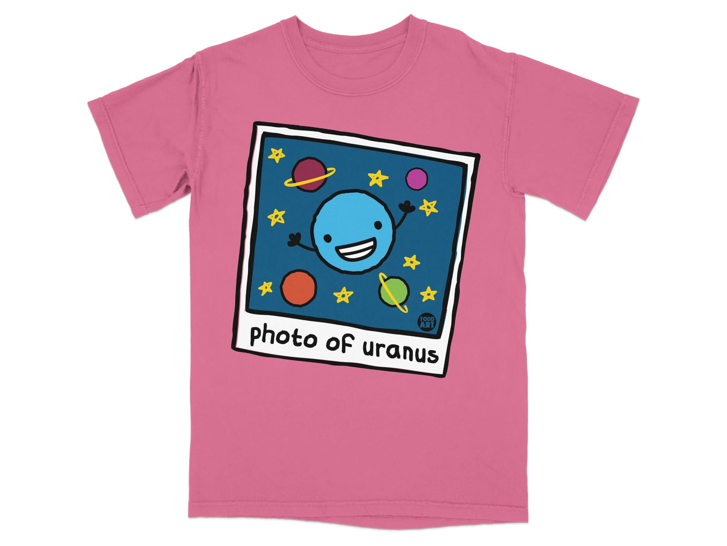 Pink t-shirt with cartoon planet and stars saying "photo of uranus".