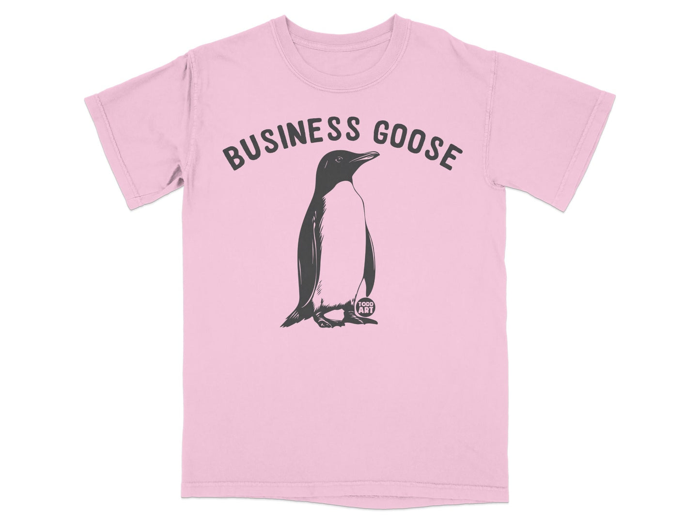 Pink t-shirt with a penguin illustration and "BUSINESS GOOSE" text.