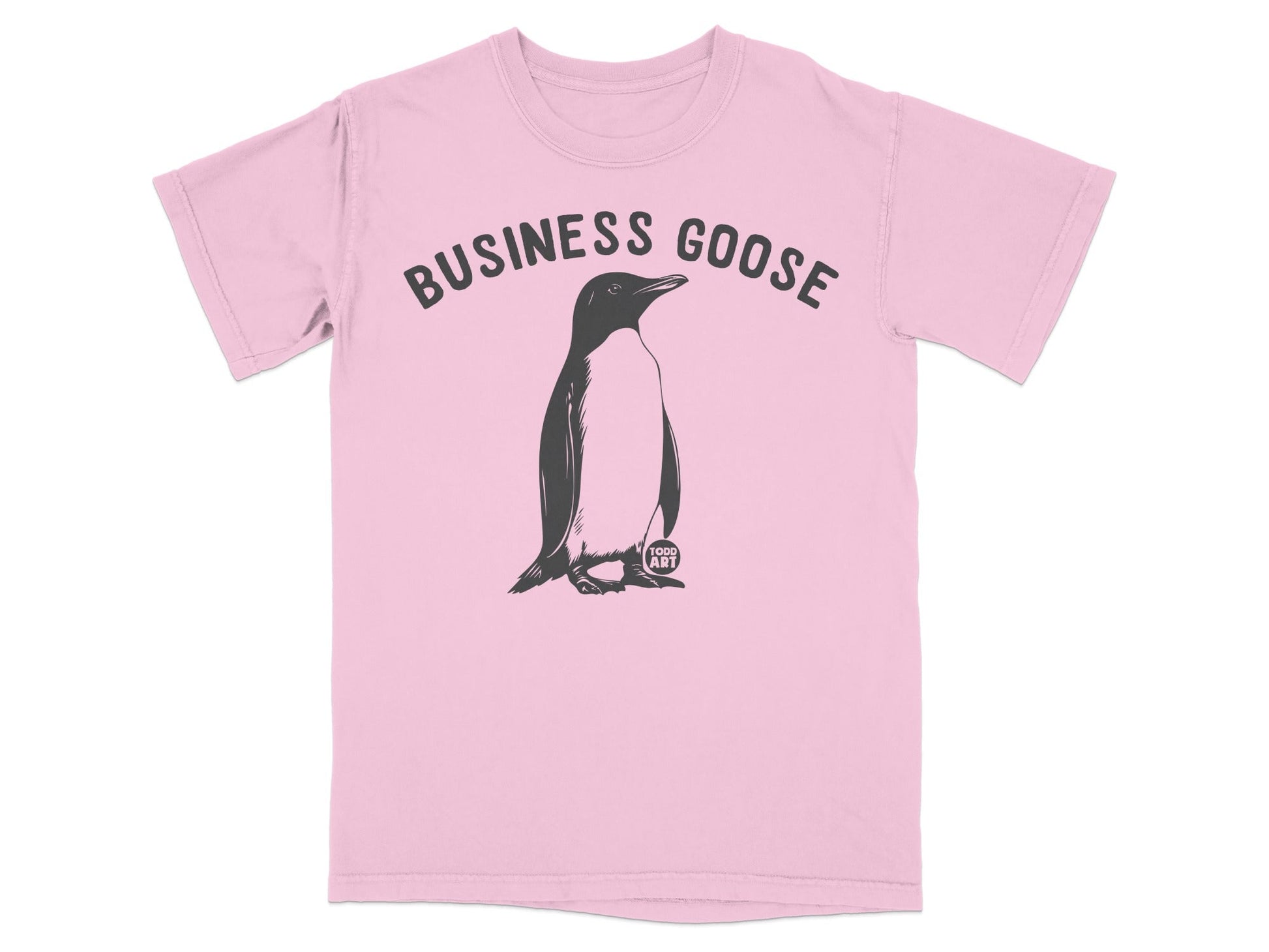 Pink t-shirt with a penguin illustration and "BUSINESS GOOSE" text.