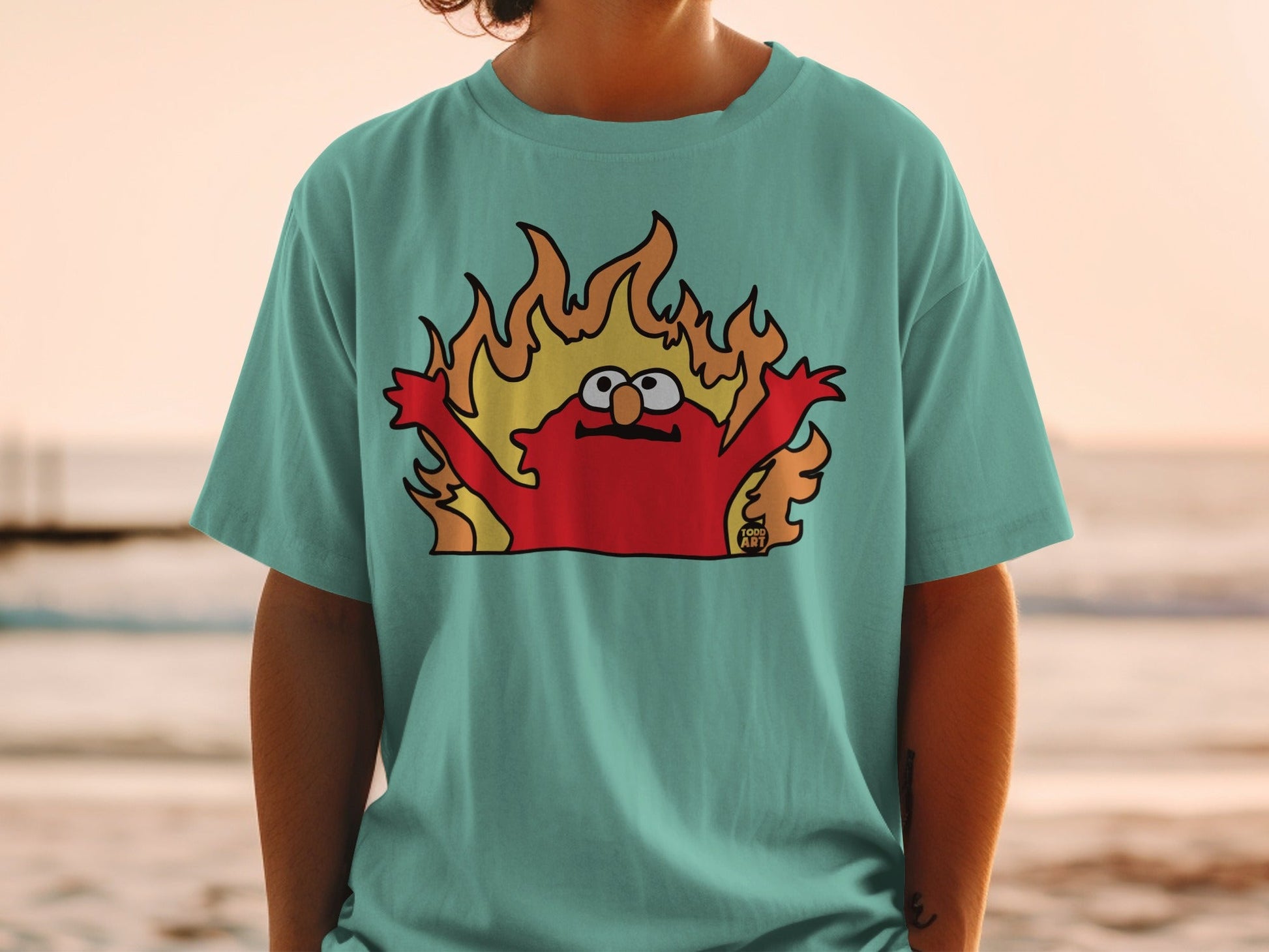 Elmo on a t-shirt engulfed in flames.