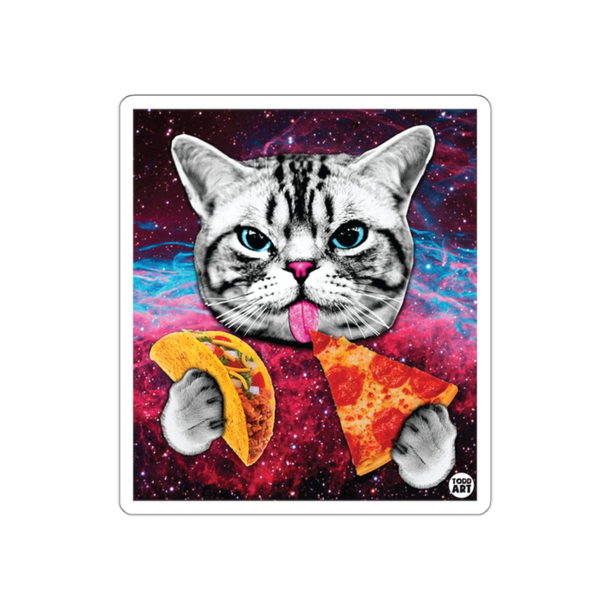 Cat Holding Taco and Pizza with Galaxy Background Artwork