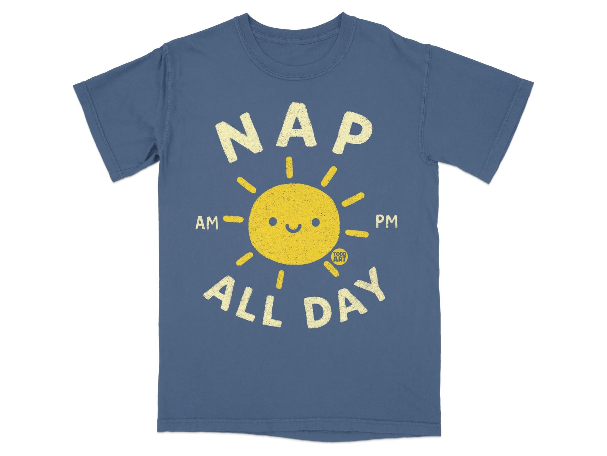 Navy t-shirt with a yellow sun and "NAP ALL DAY" text.