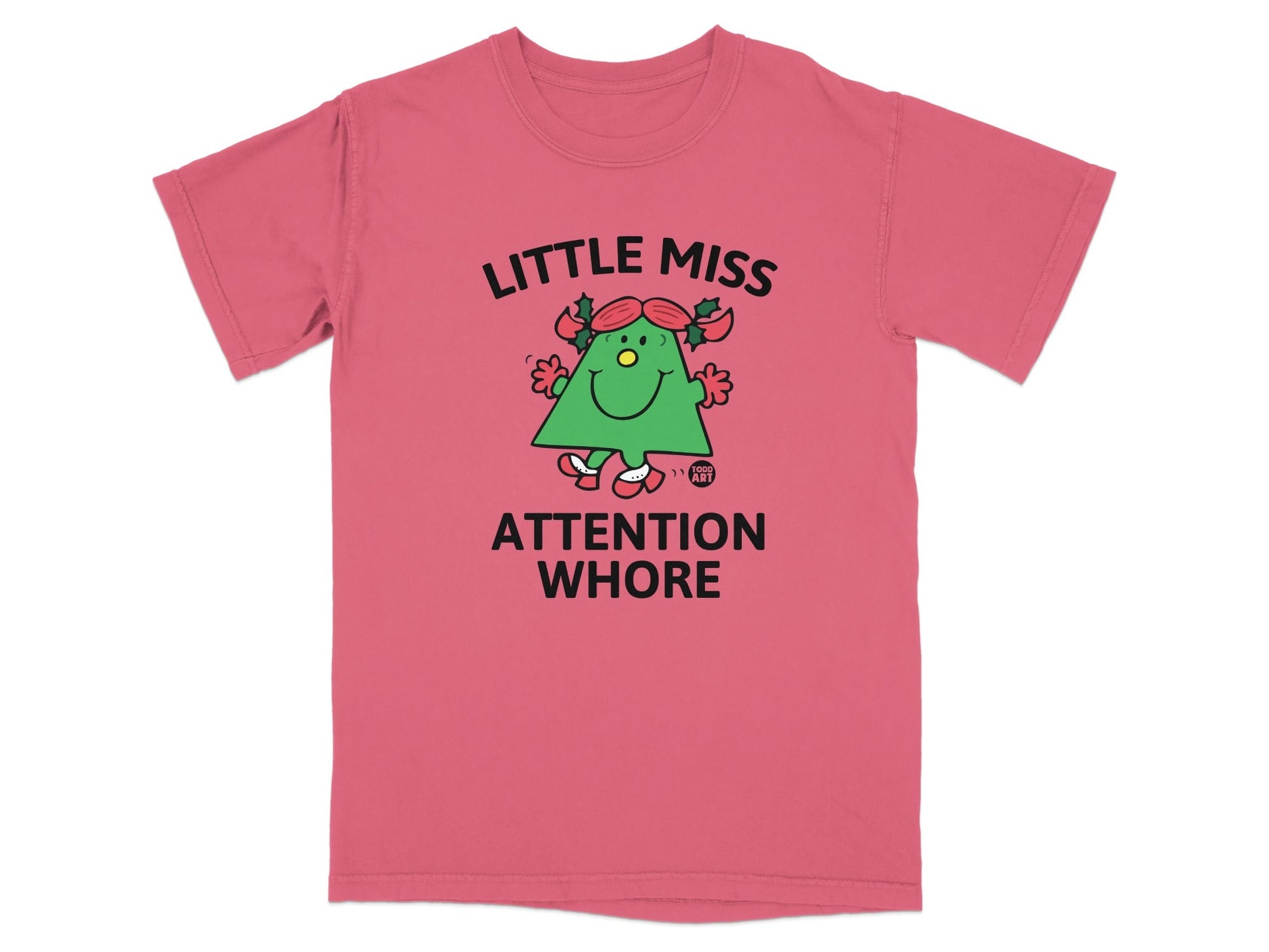 Little Miss Attention Whore graphic tee with cartoon character and text.