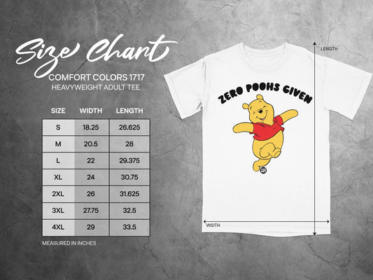 Comfort Colors 1717 size chart with Winnie the Pooh graphic.