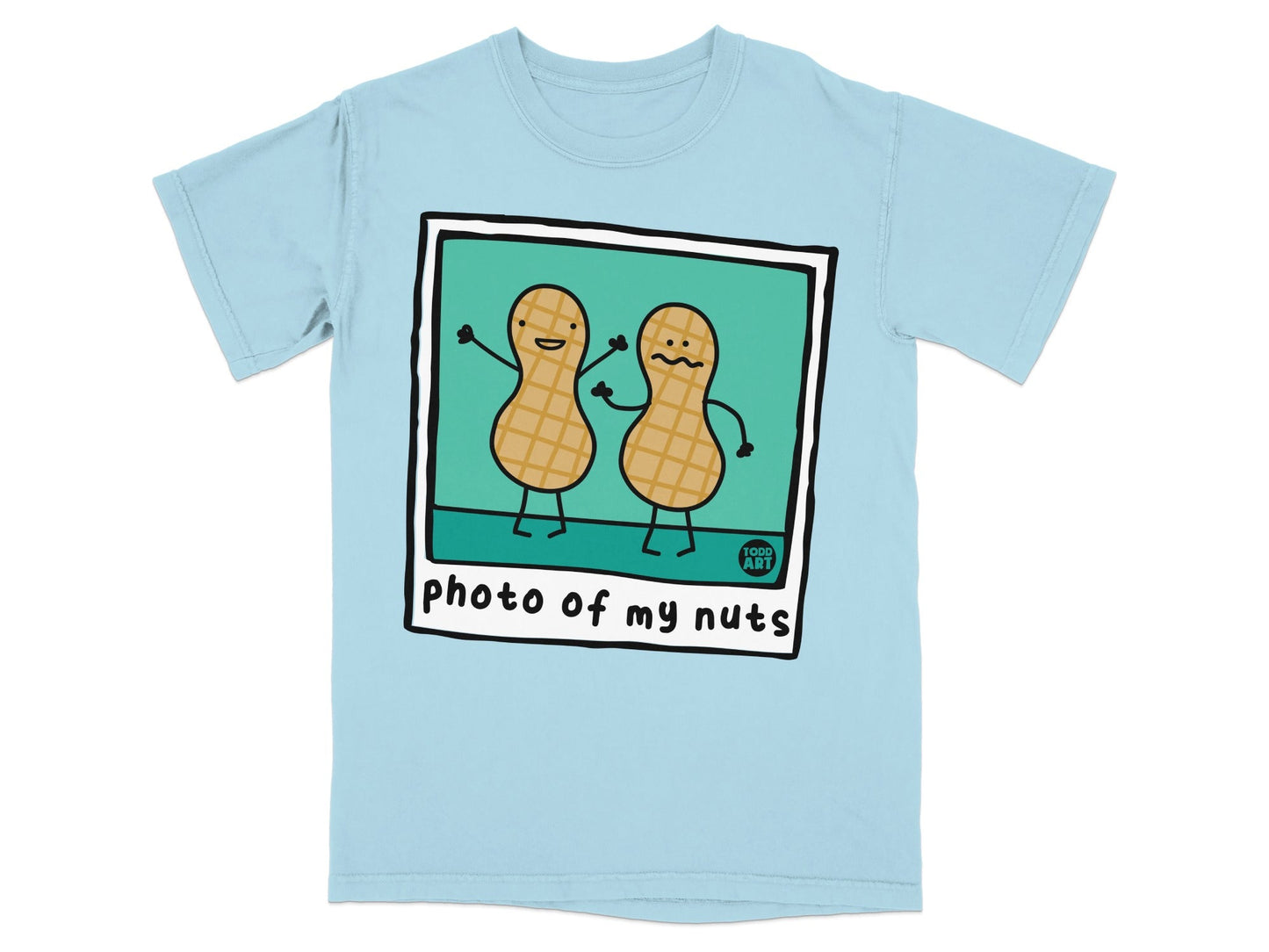 Two smiling peanuts in a polaroid frame with "photo of my nuts" text.