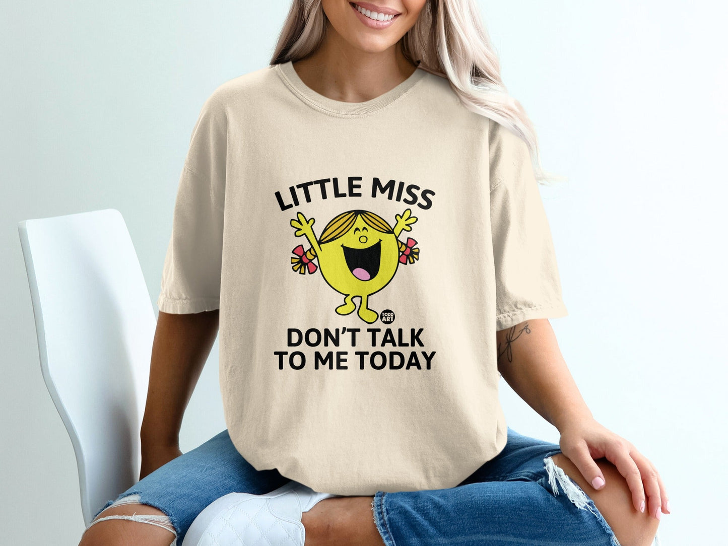 T-shirt with "Little Miss Don't Talk to Me Today" text and character graphic.