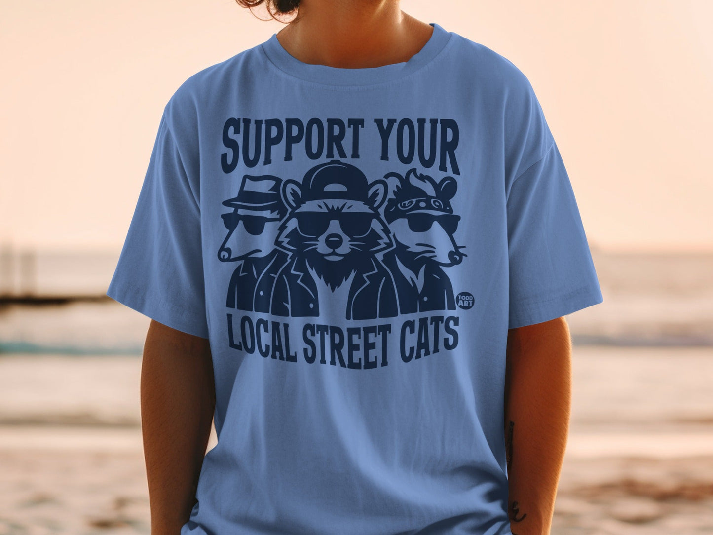 T-shirt graphic of three cartoon raccoons wearing sunglasses and hats.
