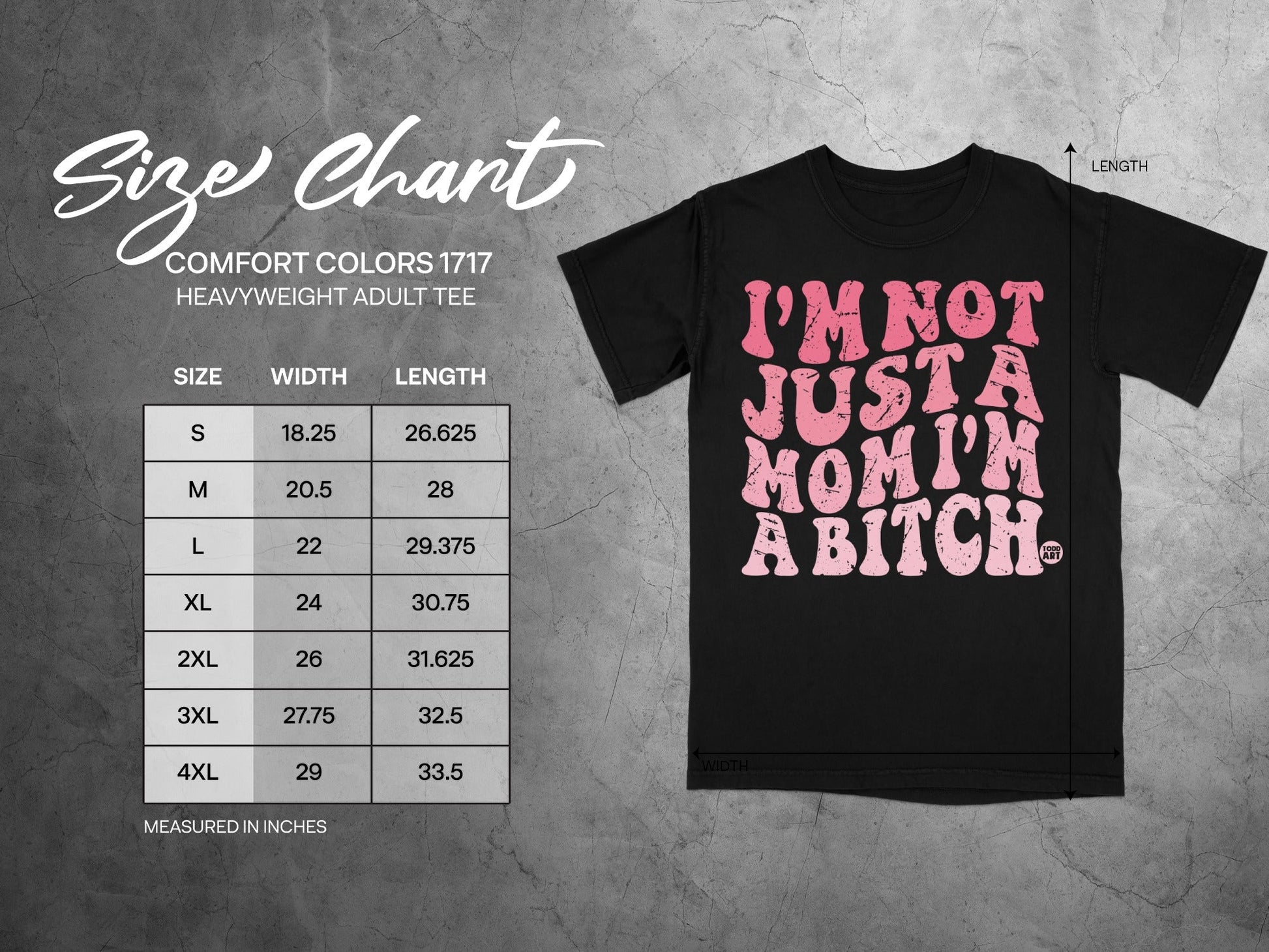 Size chart for Comfort Colors 1717 heavyweight adult tee with measurements.