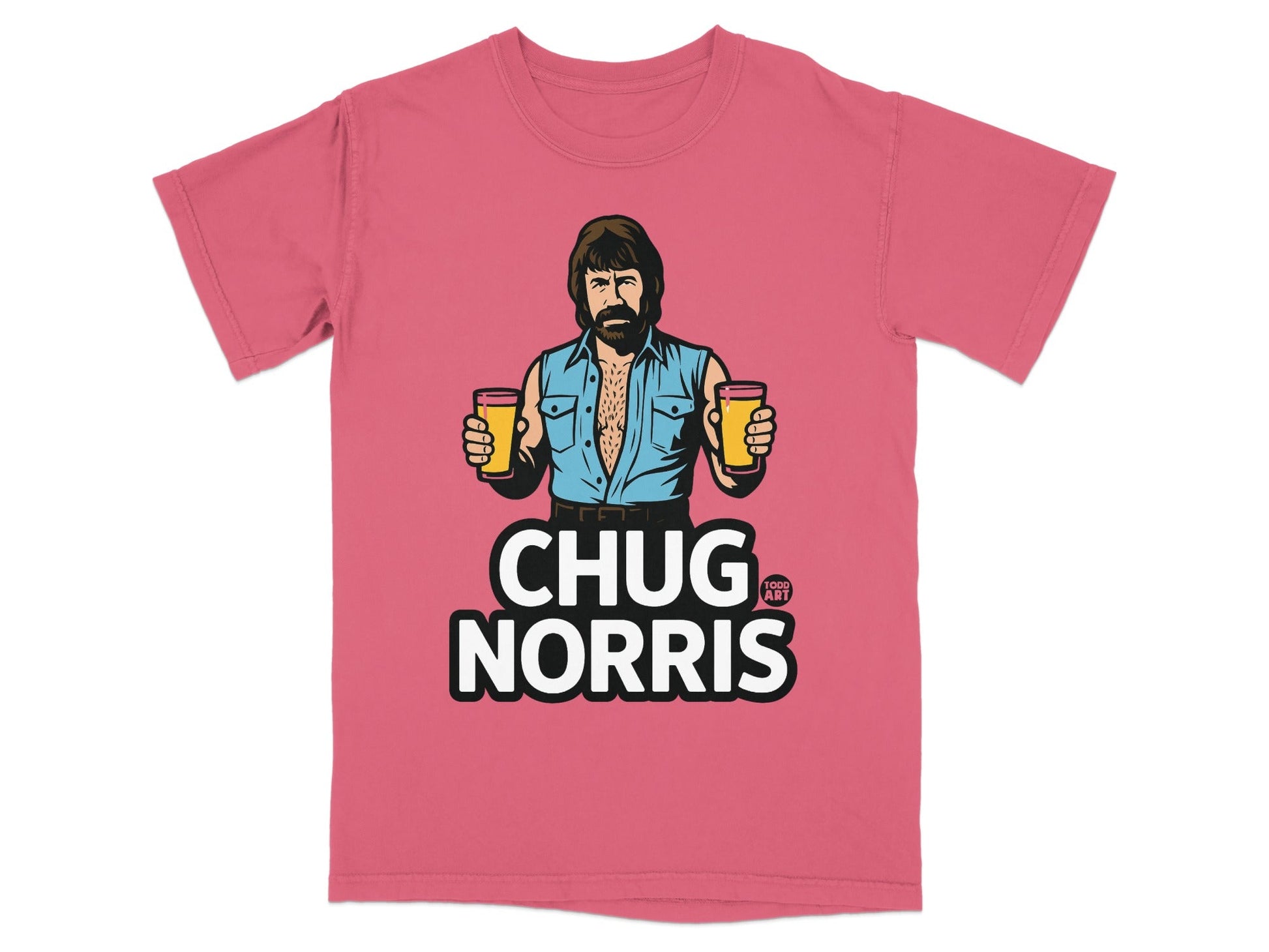 Pink t-shirt with Chuck Norris holding two beers, text CHUG NORRIS.