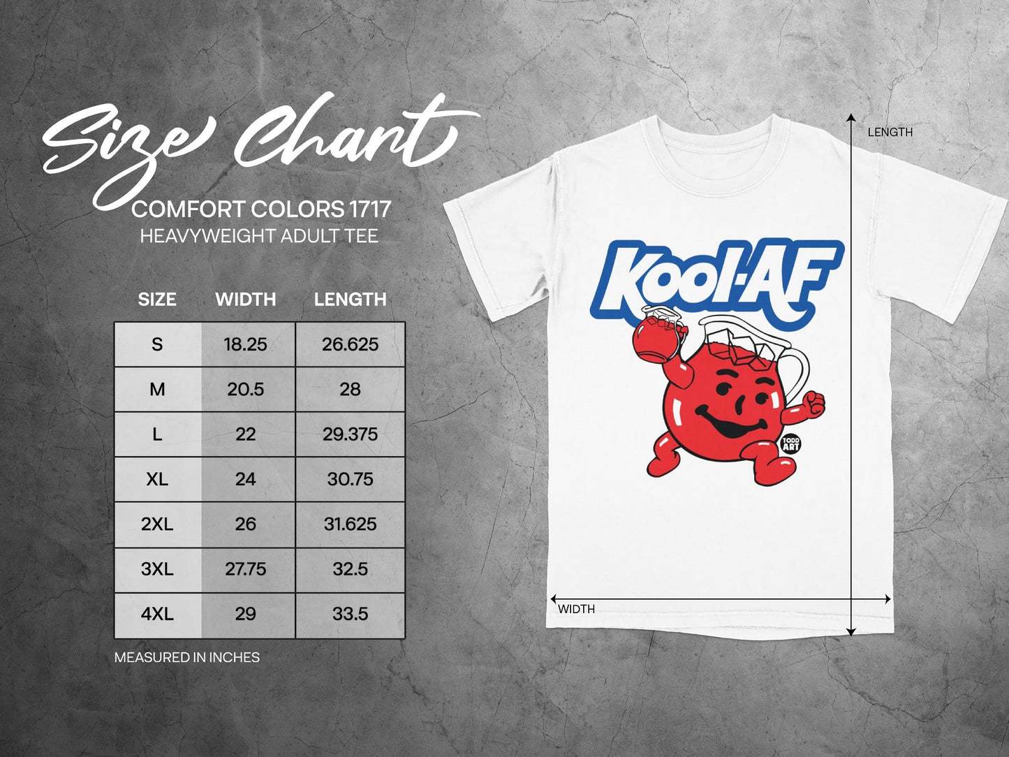 Kool-AF comfort colors size chart with width and length measurements in inches.