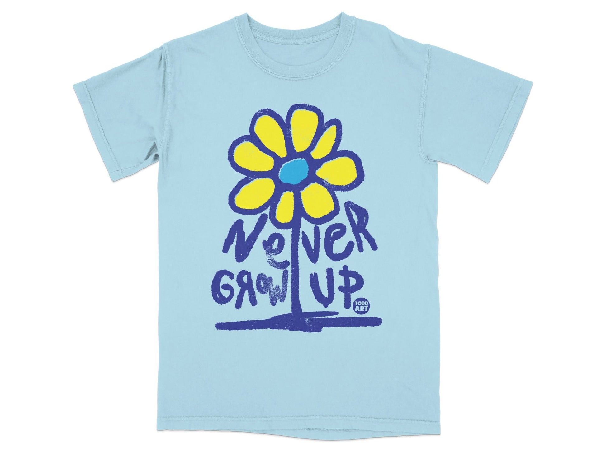 Light blue t-shirt with a yellow and blue flower and "Never Grow Up" text.
